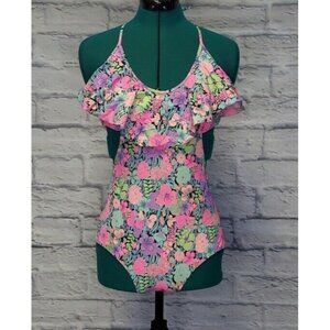 VICTORIA Secret Womens Multicolor Floral Print Ruffled Onepiece Swimsuit SZ L